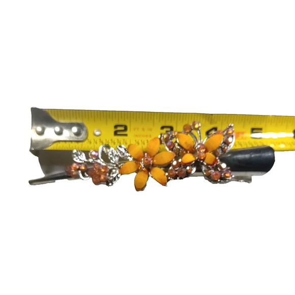 Hair Barrette Clip Large Silver Tone Orange Butterfly Flower Rhinestone - Picture 3 of 8
